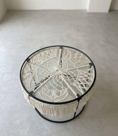 Handmade Metal Coffee Table with Glass Top & Macramé | 2x2 ft