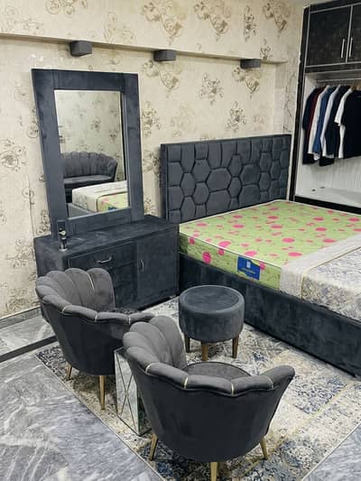Grey Velvet poshish bed set ( king bed +dressing + sofa set with table