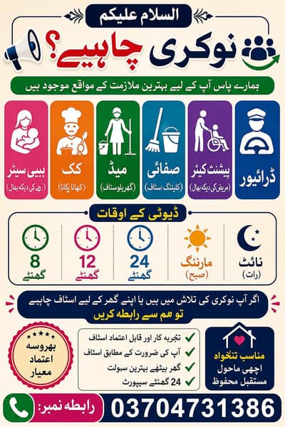 House Maid, Driver, Cook, Baby Sitter & Patient Care Jobs Available