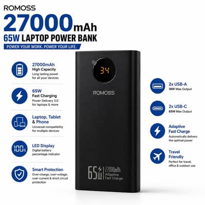 ROMOSS 27000mah 65w POWERBANK FOR LAPTOPS AND MOBILES | FAST CHARGING