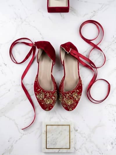 Royal Red Velvet Bridal Flats | Handcrafted Gold Zardozi