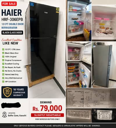 Haier HRF-306EPB 12 CFT Black Glass Door Refrigerator | Excellent Con