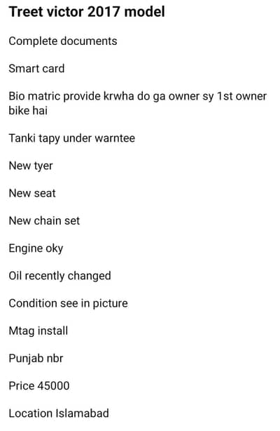 Sale only Treet Victor 70cc bike