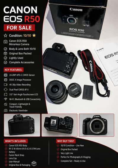 Canon r50 [box packed,18_45lens, strap, battery full kit inculded)
