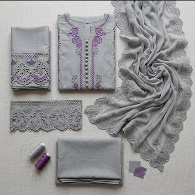 Grey Embroidered 3Pcs Lawn Suit with Chikenkari Dupatta