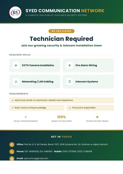 Technician Required – CCTV, Networking, Fire Alarm (Karachi)