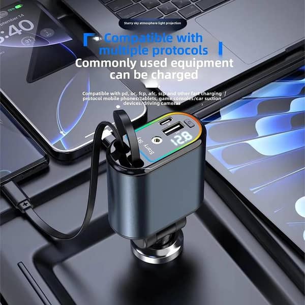 66 W 4-in-1 Retractable Car Charger with Fast Charge, Cigarette Lighter Adapter, Starry Sky Top Projection Light