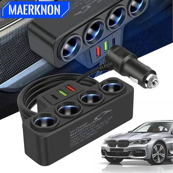 4-in-1 120W Car Lighter Adapter with 2 DC Sockets, 2 USB Ports, and LED Voltage Display