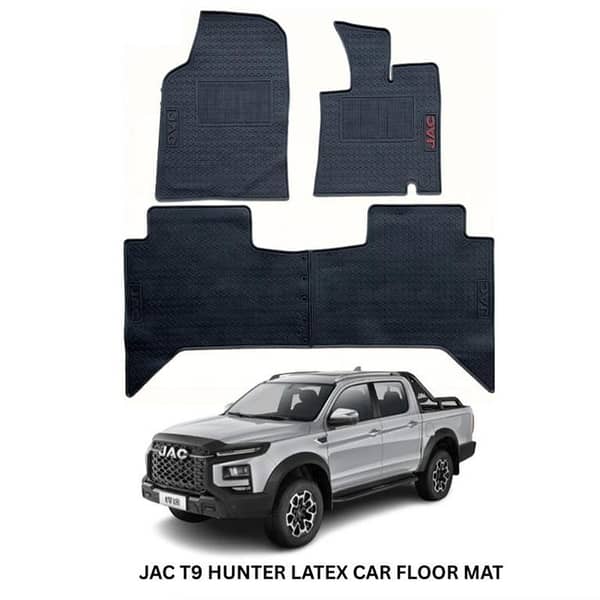 JAC T9 HUNTER Genuine Shape Diamond Latex Floor Mats (3 Pcs) with Anti-Slip Backing and JAC Logo, Black