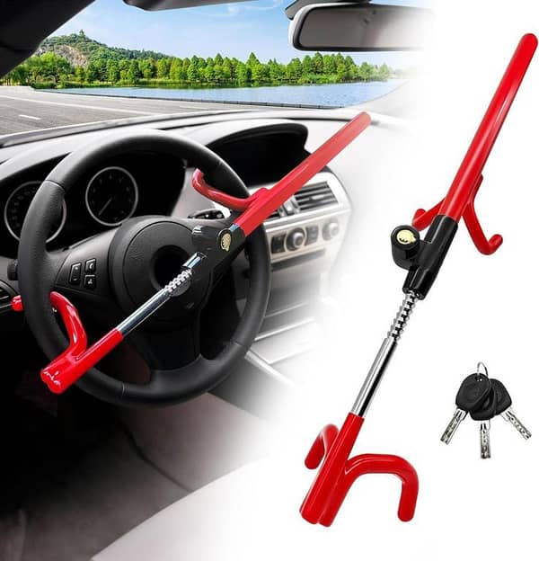 Kovvouk Steering Wheel Lock Twin Bar - Adjustable Universal Car Anti‑Theft Device, Red
