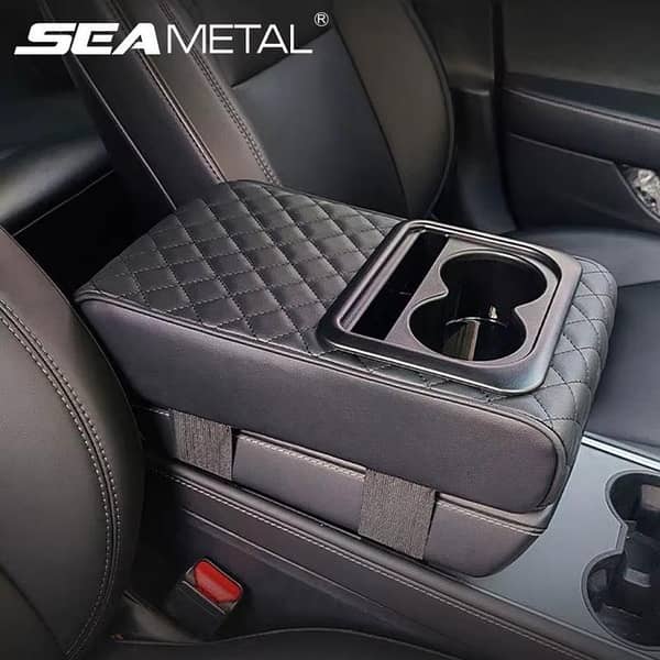 SEAMETAL Car Armrest Extension Pad for Center Console with PU Leather, Includes Cup Holder