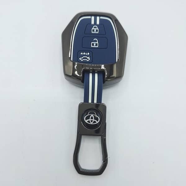 Metal Key Cover Case for Toyota Yaris 2025 – Brown, White & Blue Edition with Zinc Alloy Shell and Keychain