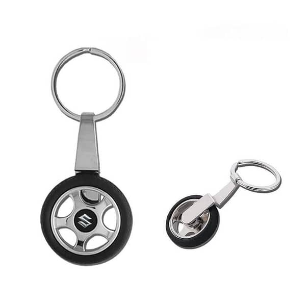 Tyre Keychain Silver Metal for Cars and Bikes with Toyota, Honda, and Suzuki Logo