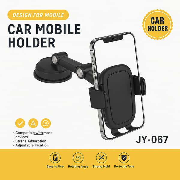 JY-067 Universal Car Phone Holder with 360° Rotation, Strong Suction, and Adjustable Arm