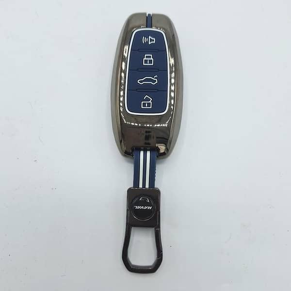 Haval H6 & Jolion 4-Button Metal Key Cover – Zinc Alloy Case with Keychain (White, Brown, Blue)