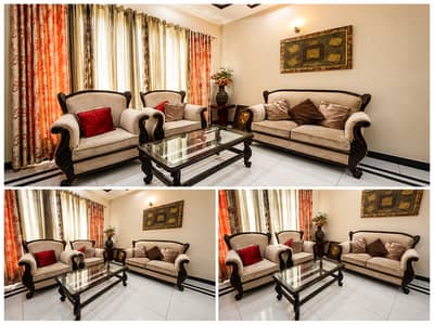 Elegant 5-Seater Sofa Set with Glass Center Table – Excellent Conditi