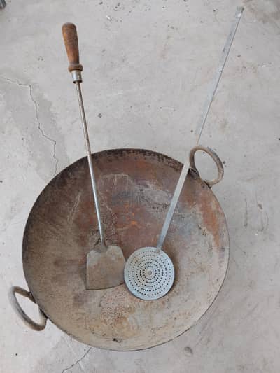 Heavy Duty Iron Karahi (Loha Kadai) with Channi & Chamcha for Sale