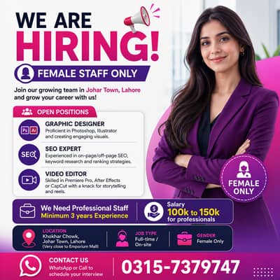 Graphic Designer | Video Editor | SEO Expert | Female Jobs | Jobs