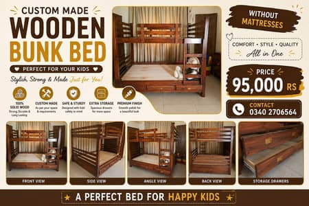 Custom Wooden Bunk Bed for Kids | Solid Wood | Without Mattresses