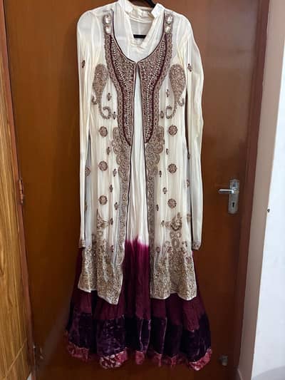 Elegant Ivory & Maroon Embellished Anarkali Gown with Velvet Hem