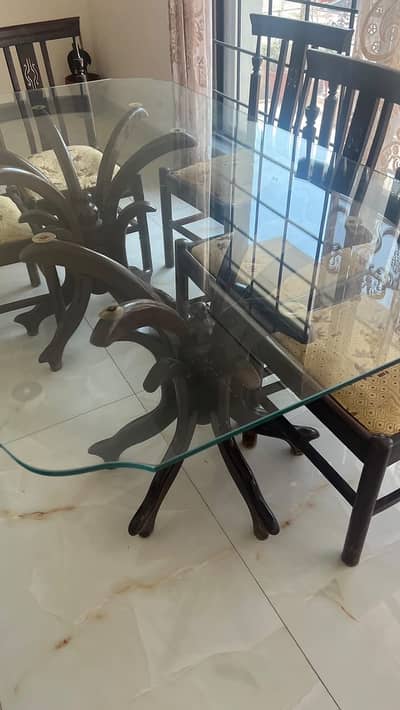 6 Seater Glass Top Solid Wooden Dining Table