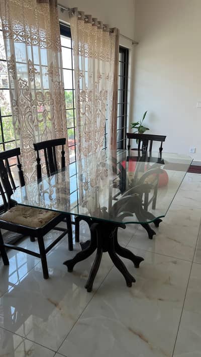 6 Seater Glass Top Solid Wooden Dining Table