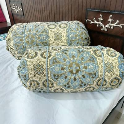 Velvet Jacquard Pillow Covers Blue Beige Embossed Floral 37x17"