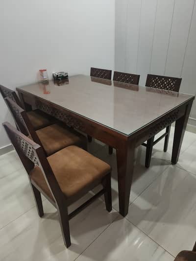 Six seater dining table-wooden dining table-dining table glass on top