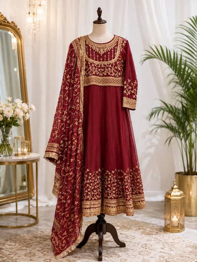 Maroon Embroidered Maxi Dress with a Dupatta – Premium Party Wear