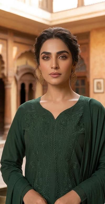 Premium army green 3 piece suite with tasal Dupatta & elegant neck emb