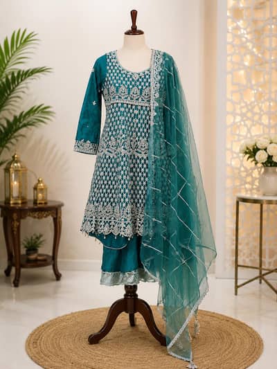 Sea Green Party Wear Frock with Heavy Silver Embroidery – Small Size