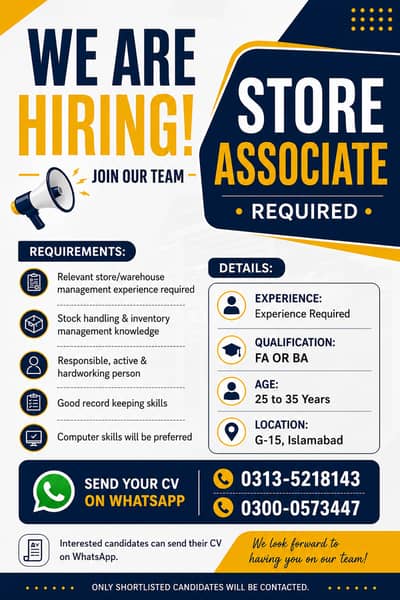 Store Incharge Required – G-15 Islamabad