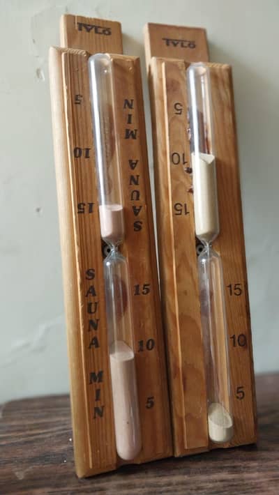 Original Tylö branded sauna sand glasses (Made in Sweden).