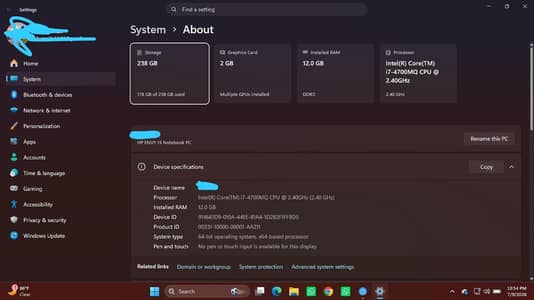 HP ENVY 15|Core i7 (4th Gen)|12Gb RAM|256 SSD|2Gb Graphics Card