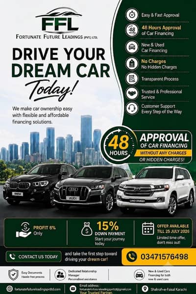 Drive your dream car just 15% down payment easy 48 hours approval
