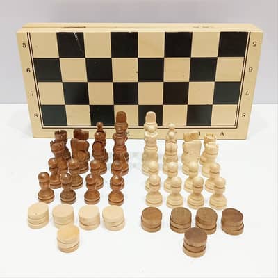 Wooden Chess and Checkers Set with a Foldable Wooden Storage Board