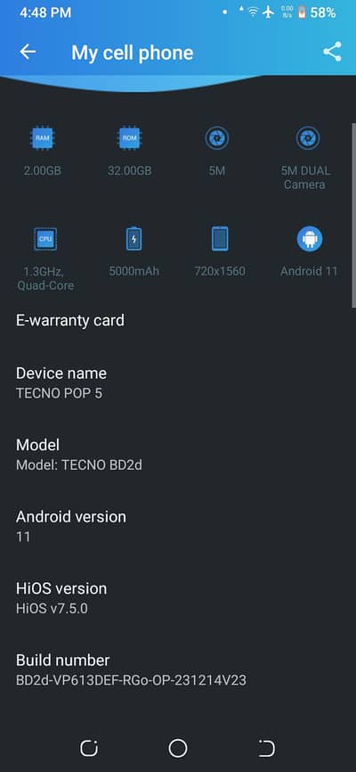 Tecno POP 5 dual sim pta approved all okey 5000 mah battery