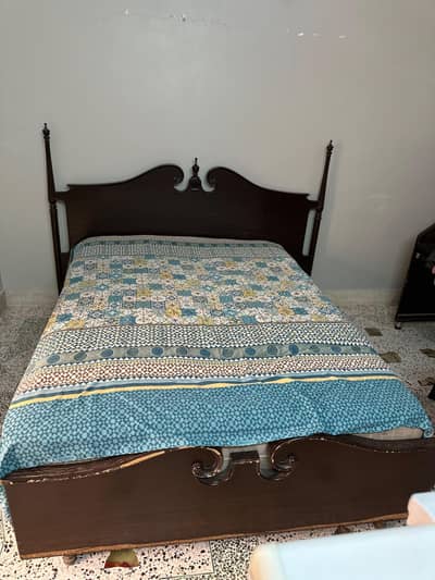 Solid Wooden Double Bed with Mattress – Good Condition