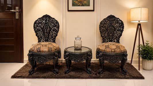 Premium Solid Sheesham Hand Carved chairs with Table | 3 piece