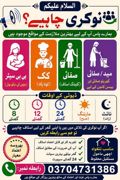 House Maid, Driver, Cook, Baby Sitter & Patient Care Jobs Available