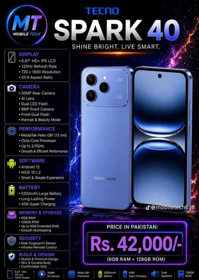 tecno spark 40 10by10 condition all ok 3 month use