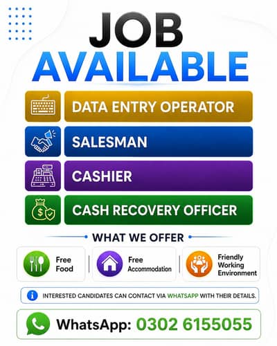Data Entry Operator/Saleman/Cash Recovery (FREE Food & Accommodation)