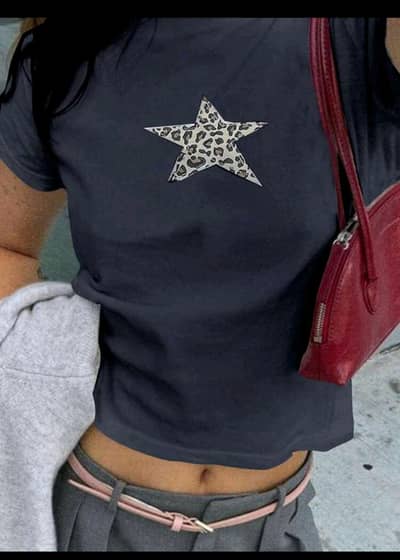 Grey Crop Top with Cheetah Star Patch | 2000s Aesthetic Tee