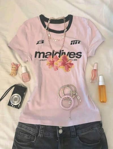 Pink Maldives Hibiscus Ringer Tee | Y2K Graphic Baby Tee
