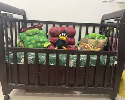 Solid Wood Baby Cot with Storage Drawers and Wheels