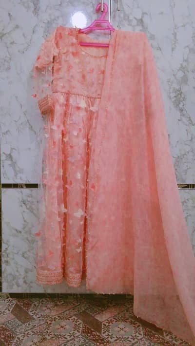 Peach Floral Party Wear Frock with Matching Shalwar & Dupatta
