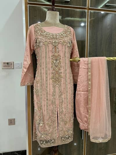Luxury Peach 3 Piece Formal Dress | Heavy Embroidered Party Wear | Wed