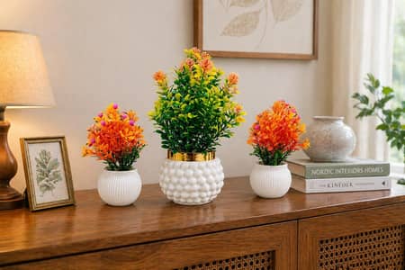 Pack of 3 Green & Orange Artificial Plants | Premium Home Decoration