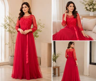 Beautiful Red Net Maxi Dress – Party Wear