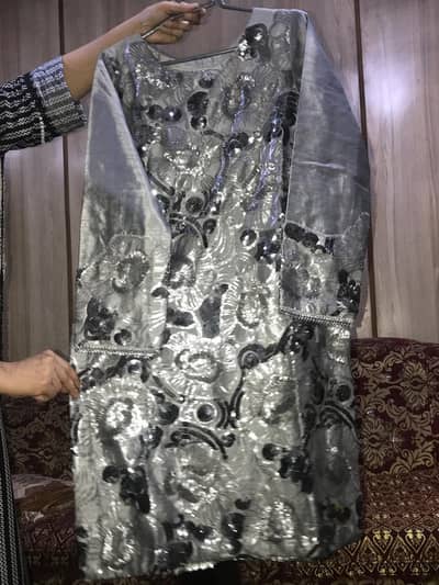 2 piece ready to wear net shirt with rawsilk inner and trouser
